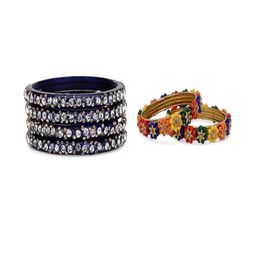 SOMIL Set Of 6 Artificial Stones and Beads Hand Decorated Antique Glass Bangles-image-96