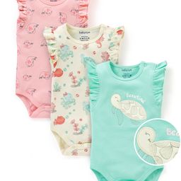 Babyoye Eco Conscious 100% Cotton with Eco Jiva Finish Short Sleeves Onesie Turtle and Seal Print Pack of 3 - Pink White & Blue-image-6
