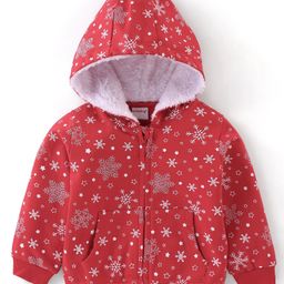 Babyhug Cotton Knit Full Sleeves Sweatjacket With Zipper & Hood Snow Print - Red-image-17