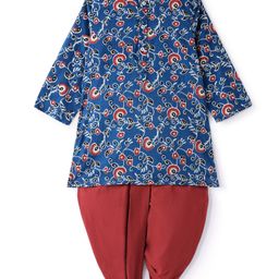 Babyhug 100% Cotton Woven Full Sleeves Floral Printed Kurta with Dhoti Set - Indigo Blue & Red-image-48