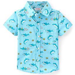 Babyhug 100% Cotton Knit Half Sleeve Shirt With Shark Print - Blue-image-67