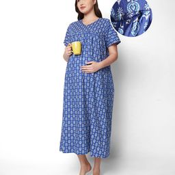 Bella Mama Cotton Woven Half Sleeves Floral Printed Maternity Nursing Nighty - Royal Blue-image-98