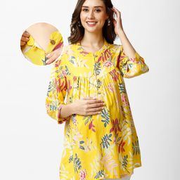 Bella Mama Pintucks Woven Three Fourth Sleeves Maternity Top with Floral Print - Yellow-image-109