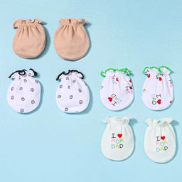 Ben Benny Interlock Cotton Knit Text & Smiley Print MittensPack of 4 - White & Beige-picture-12