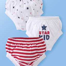 Doodle Poodle 100% Cotton Knit Briefs with Star Striped & Text Print - White & Red-image-1