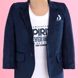 Robo Fry Velvet Woven Full Sleeves Solid Colour Blazer with Text Printed T-Shirt - Navy Blue & White-image-56