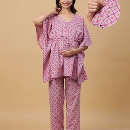 Ikk Kudi by Seerat Cotton Woven Three Fourth Batwing Sleeves Floral Motif Printed Kaftan Top With Zipper Nursing Access & Pant Set - Blue-image-86