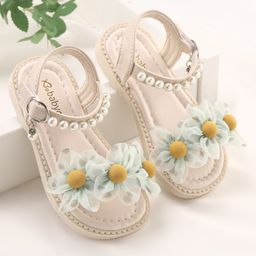 Babyoye Party Wear Sandal with Pearl Embellishments & Floral Applique - White-image-47