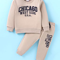 Smarty Boys Premium Stretch Fleece Knit Full Sleeves Winter Wear Co-Ord Set With Text Embroidery - Tan-23