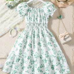 Bolly Lounge Cotton Blend Puffed Sleeves Floral PrintedDress - Green-image-75