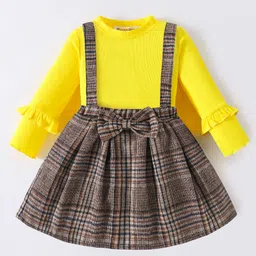Kookie Kids Cotton Knit Full Sleeves Frill Detailed T-Shirt & Checkered Skirt Set - Yellow-picture-26