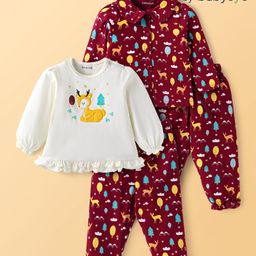 Babyoye 100% Cotton Knit Full Sleeves Night Suit With Christmas Theme Print - Dark Red & White-image-44