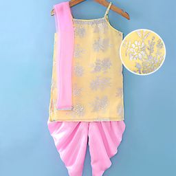 Saka Designs Satin Woven Sleeveless Foil Printed Kurta Dhoti Set with Dupatta - Pink & Yellow-image-9