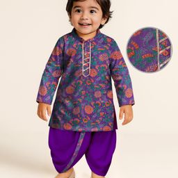 Earthy Touch Cotton Woven Full Sleeves Floral Printed Kurta Dhoti Set - Purple-image-24