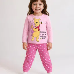 Babyhug Disney Single Jersey Knit Full Sleeves Night Suit With Winnie & Friends Graphic -Pink-picture-2