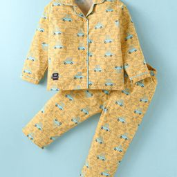 Enfance Core Cotton Woven Full Sleeves Car Printed Coordinating Night Suit Set - Yellow-image-63