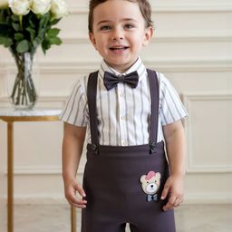 Mark & Mia Cotton Knit Half Sleeves Striped Party Romper With Teddy Bear Embroidery & Bow Applique - White-image-17
