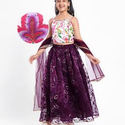 Pine Kids Woven Sleeveless Floral Printed & Embroidery Choli Lehenga Set with Dupatta & Sequin Detailing - Purple-image-65