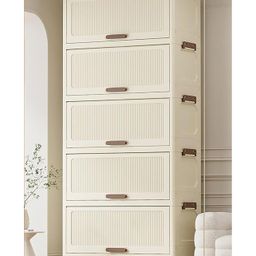 House of Quirk 5 Tier Storage Cabinet with WheelsDurable Plastic Foldable Wardrobe Organizer with Multiple Compartments Clothes and Living Room Storage (Cream)-image-7
