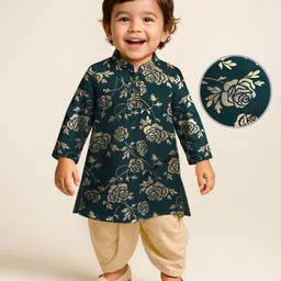 EARTHY TOUCH Single Jersey Knit Full Sleeves Floral Foil Printed Kurta Dhoti Set - Green-picture-17