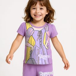 Babyhug Disney Single Jersey Knit Half Sleeves Shorts Night Suit With Rapunzel Graphics - Lavender-image-61