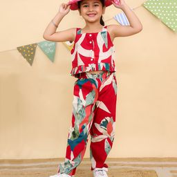 AJ Dezines Pure Cotton Sleeveless Tropical Printed Top & Coordinating Pant Set - Red-image-58