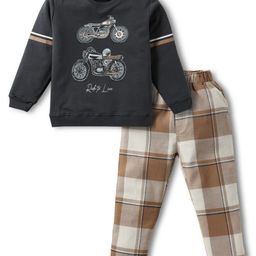 CUCUMBER Cotton Knit Full Sleeves T-Shirt & Lounge Pant Set With Motorcycle Print - Black-image-66