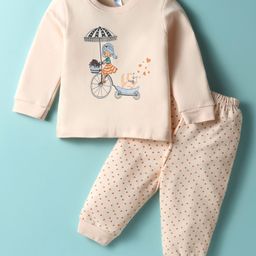 Tango Interlock Knit Full Sleeves Night Suit with Heart Print - Peach-picture-6