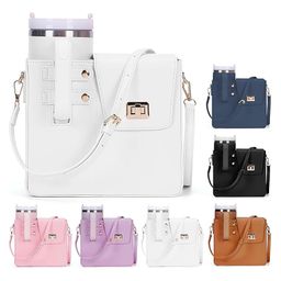 House of Quirk Outdoor Portable Crossbody Tumbler Holder Bag with Purse Compartment Travel Water Bottle Carrier for Hiking Walking Camping - White-image-88