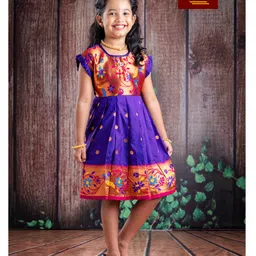 Bhartiya Paridhan Silk Woven Frill Sleeves Plated Ethnic Dress With Peacock Embroidery - Purple-picture-34