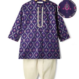 EARTHY TOUCH Woven Full Sleeves Kurta Dhoti Set with Motif Print & Lace Detailing - Purple-picture-8