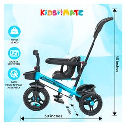 Kidsmate Xplorer Kids Tricycle without Canopy | Durable Plug & Play Baby Trike with EVA Wheels, Safety Rail & Push Handle for Parents | Safe & Comfortable Ride for Toddlers 12-48 Months - Blue image 4