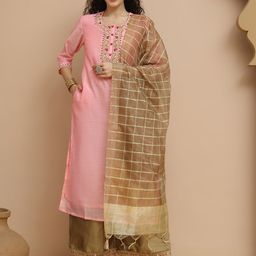 Tulsattva Floral Yoke Design Thread Work Art Silk Straight Kurta With Palazzos & Dupatta-15