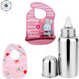 Complete Baby Feeding Kit steel Bottle, Bibs, Food Catcher Bib- Silicone-24