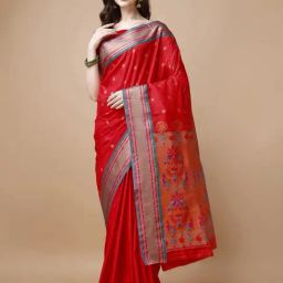 JUST FASHION Red Zari Work Saree With Unstitched Blouse-image-73