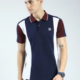 Rock.It Navy Blue Cotton Lycra Regular Fit Colorblock Polo T-Shirt-image-2