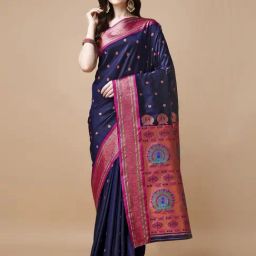 JUST FASHION Navy & Pink Zari Work Saree With Unstitched Blouse-picture-32