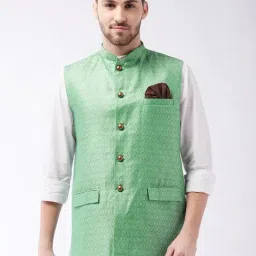 VASTRAMAY Green Regular Fit Embroidered Nehru Jacket-picture-11