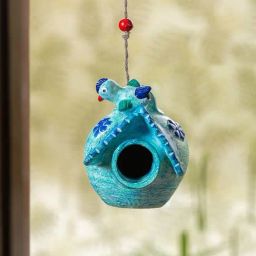 ExclusiveLane 'Snowy Abode' Sky Blue Terracotta Hanging Bird House - Set of 1-image-1