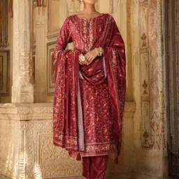 SCAKHI Maroon Printed Velvet Kurta With Pants & Dupatta-image-5