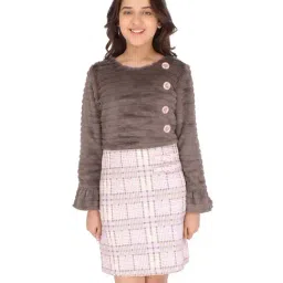 Cutecumber Kids Brown & White Check Full Sleeves Dress-image-3