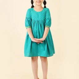 Fabindia Kids Teal Blue Cotton Printed Dress-image-66