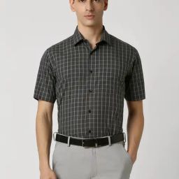 Van Heusen Grey Cotton Regular Fit Checks Shirt-image-100