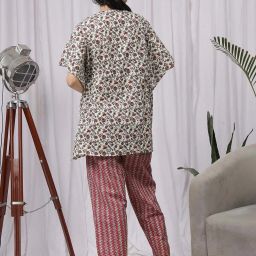NEUDIS Beige & Maroon Printed Kaftan Pyjamas Set image 2