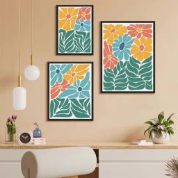 999Store Multicolor Canvas Flower With Leaf Modern Art Wall Painting - Set of 3-90