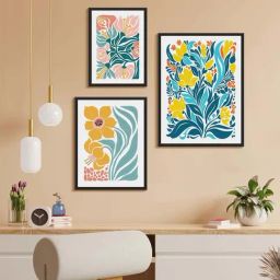 999Store Multicolor Canvas Flower With Leaf Abstract Modern Art Wall Painting - Set of 3-5