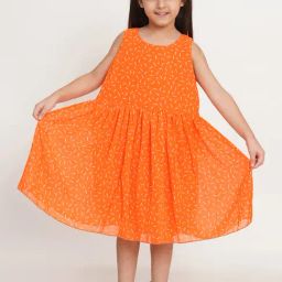 Creative Kid's Girls Orange & White Printed Dress-image-36