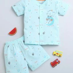 Bumzee Kids Powder Blue Cotton Printed Jabla Set-image-38