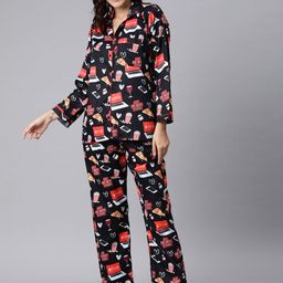 Pyjama Party Women Black & Red Printed Night suit-image-37