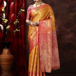 JUST FASHION Mustard & Pink Silk Zari Work Saree With Unstitched Blouse-picture-7
